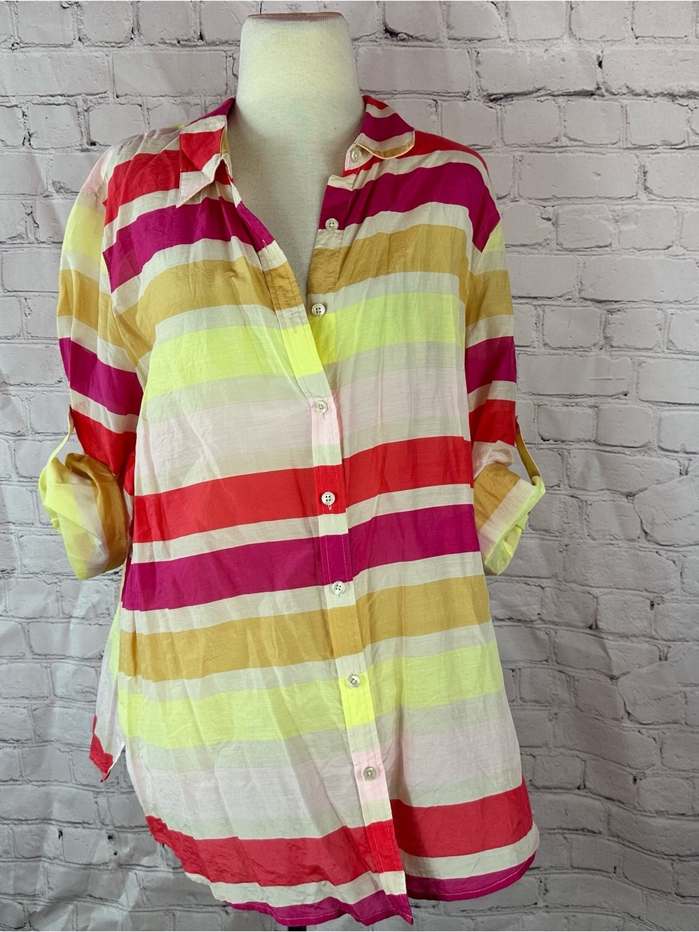 Coldwater Creek Multicolor Striped Button-Down Shirt women 2X cotton silk resort